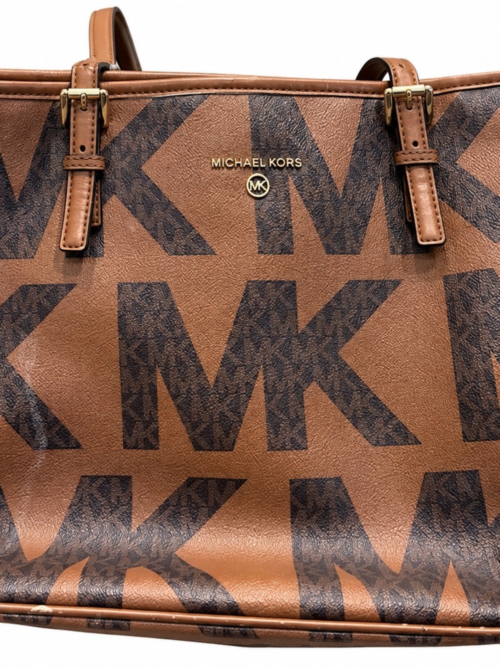 Michael Kors Tan and Dark Brown MK Logo Tote